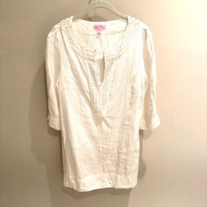Lilly Pulitzer White Linen Beaded Tunic Top Cover Up Size S